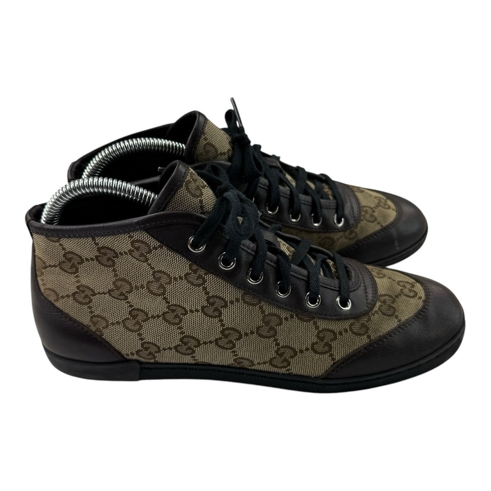 Gucci GG Monogram High Top Sneakers Brown Leather Canvas 390968 Women's 36.5 G - Picture 4 of 13